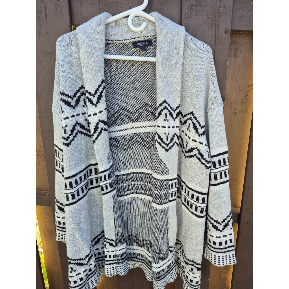 RACHEL ROY Long Cardigan Sweater Jacket Coat Gray Black Aztec Open Size XL EUC